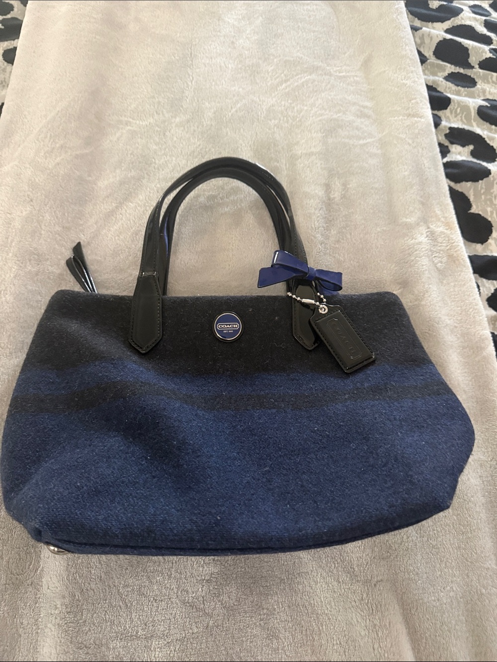 Coach Navy and Black Wool Tote with Leather Handles